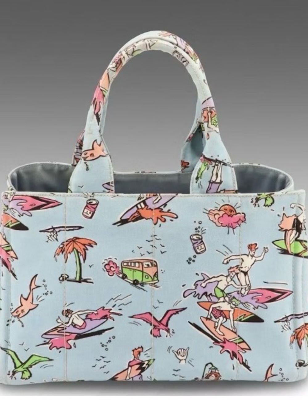 Prada Light Blue Surfing Print Canvas Tote Bag